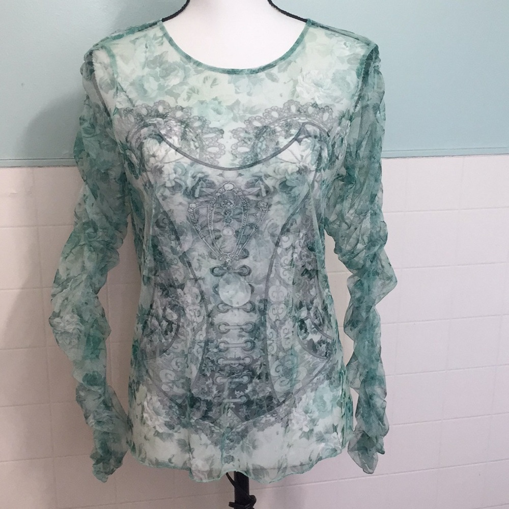 Zara Green Rose Print Mesh Blouse Ruched Sleeves
